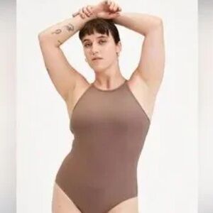 girlfriend collective Taupe Ribbed Bodysuit with Adjustable Straps